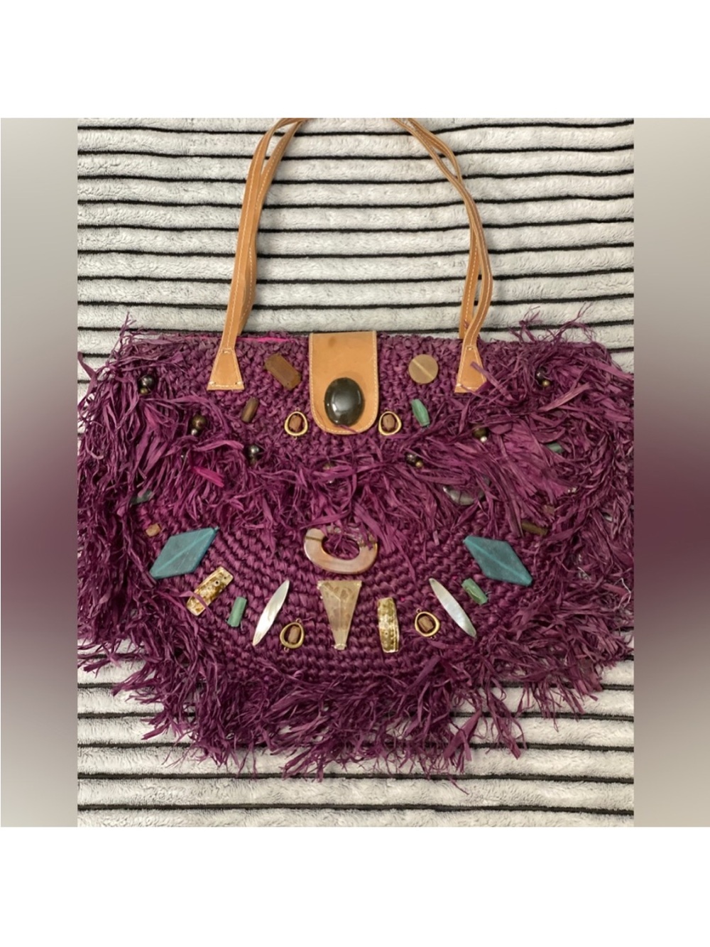 Raffia Boho Fringe Woven Tote Bag in Deep Plum with Tan Handles